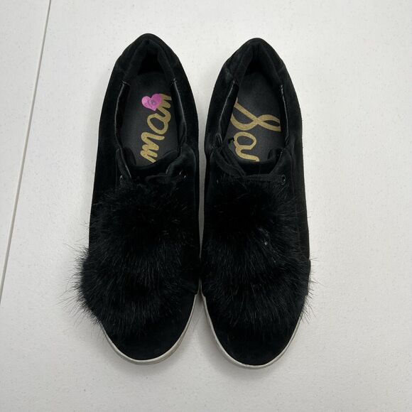 Sam Edelman Size 10 Shoes Leya Black Velvet Faux Fur Pom Pom Slip-On Women's - Picture 7 of 11